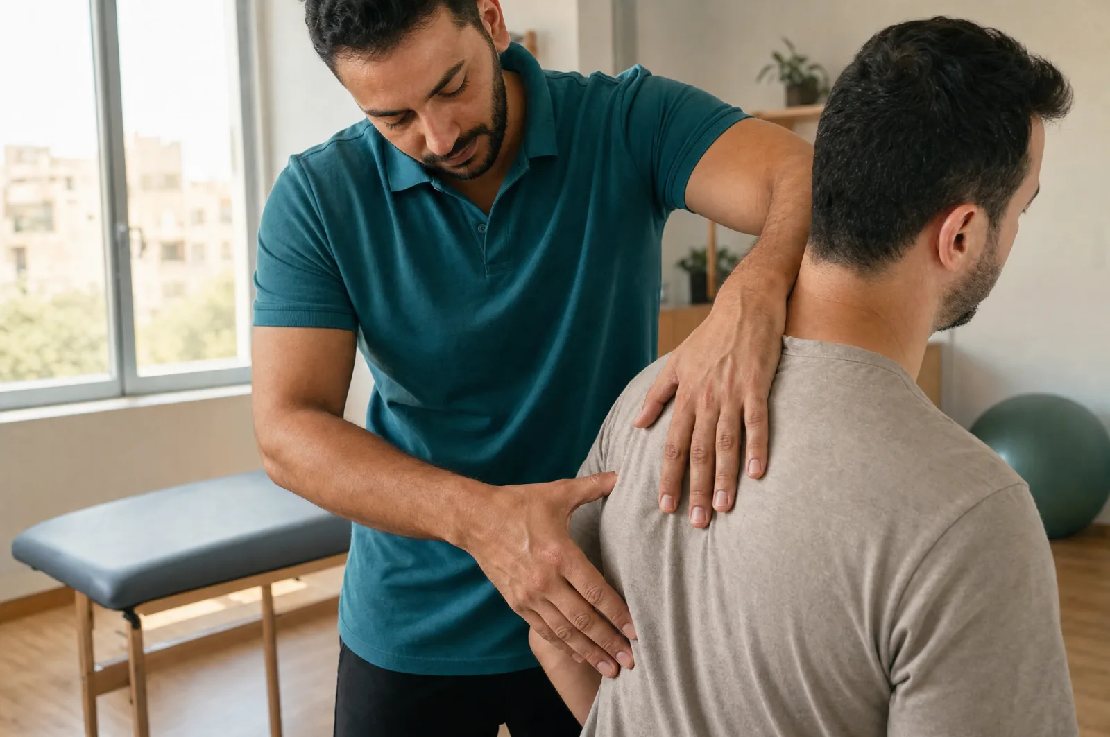 Physiotherapist treating a patient at a treatment table in a bright, modern practice